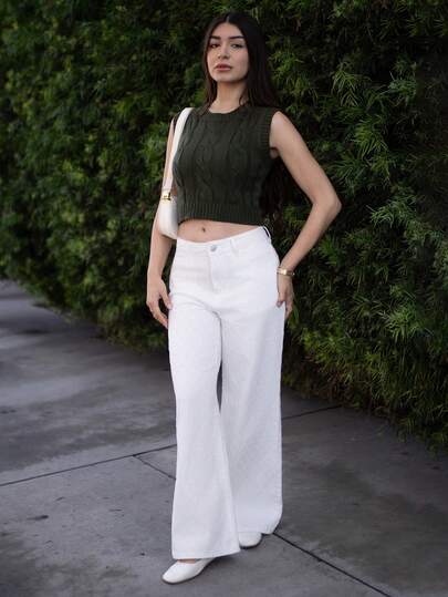 Andrea Bello Women's White Pocket Wide Leg Loose Casual Versatile Jeans Fashionable White Denim Wide Leg Jeans For Women With Unique Diamond Textured Pattern White Pants Casual Pants For Women  Plaid Pants Check White Jeans