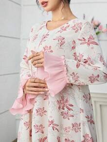 Al Najma 大码女式印花喇叭袖优雅阿拉伯风格连衣裙 - 粉色 - 查看 1