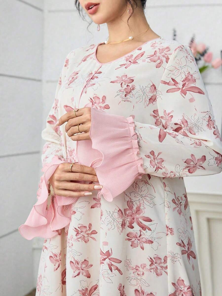 Al Najma 大码女式印花喇叭袖优雅阿拉伯风格连衣裙 - 粉色 - 查看 1