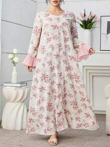 Al Najma 大码女式印花喇叭袖优雅阿拉伯风格连衣裙 - 粉色 - 查看 5
