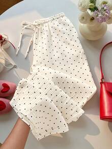 SHEIN EZwear 女款編織圓點圖案綁腰寬腿長褲 純棉 白色 夏季 度假款 - 白色 - 查看 8