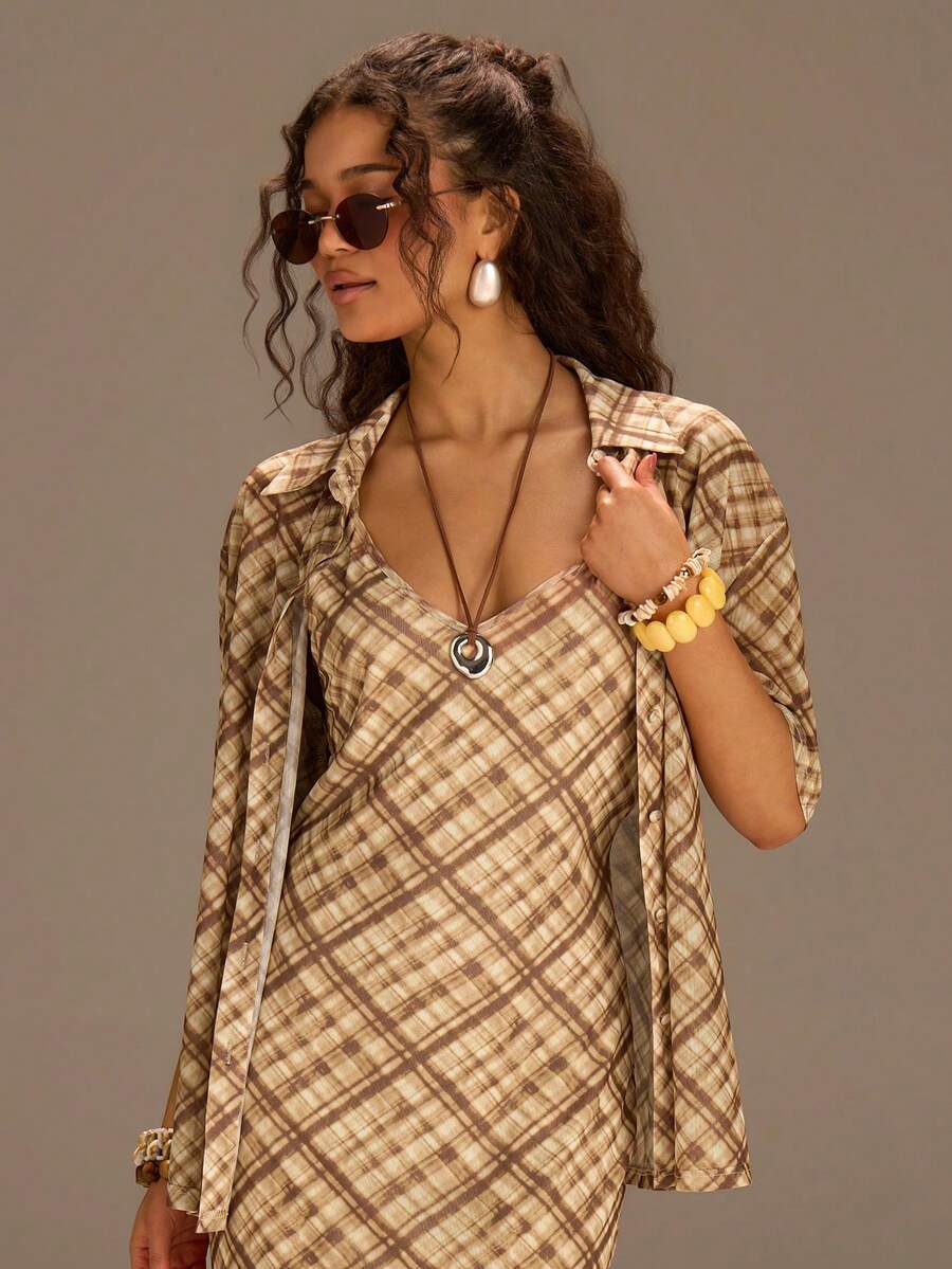 Athîral Women's Casual Plaid Shirt & Slip Dress 2 Pieces Set - Multicolor - View 1
