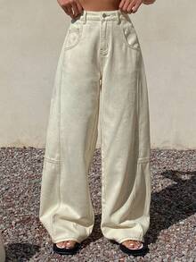 Livesso 女士休闲街头风宽松百搭牛仔裤 - 白色 - 查看 3