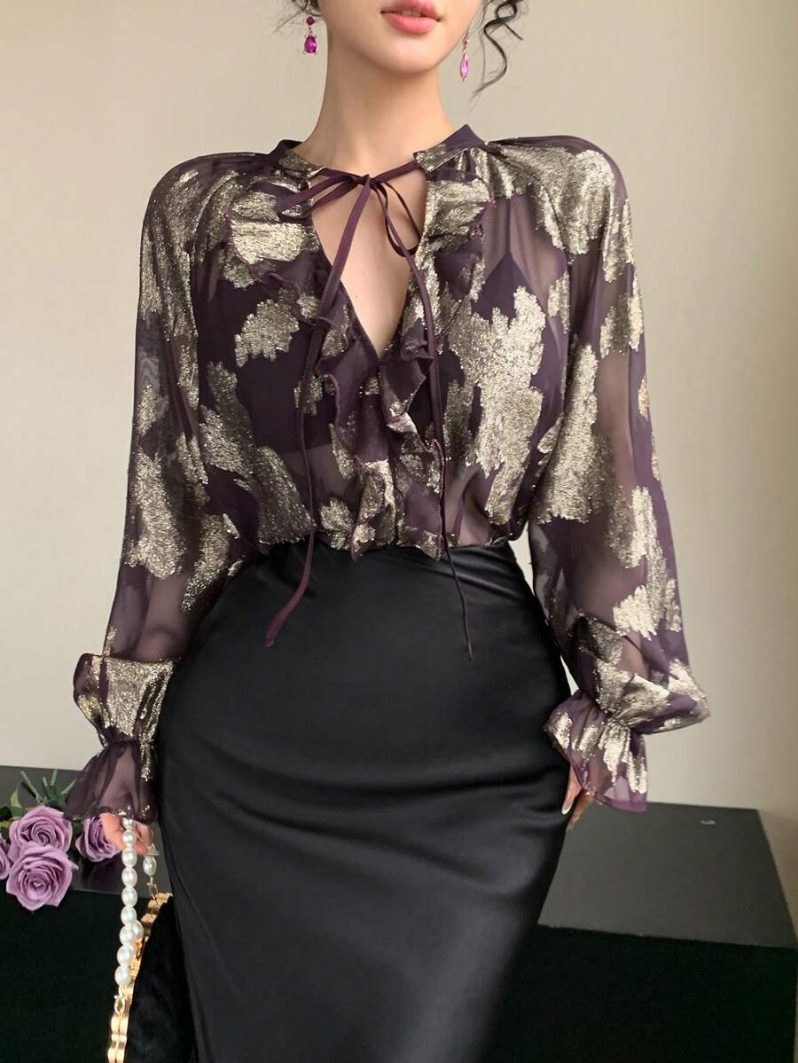 DAZY 女士优雅印花系带腰身衬衫，春夏款 - 黑色 - 查看 1