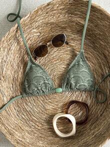 Swim Vcay-D Women's Spring/Summer Jacquard Fabric Beaded Halter Bikini Top - Army Green - View 3