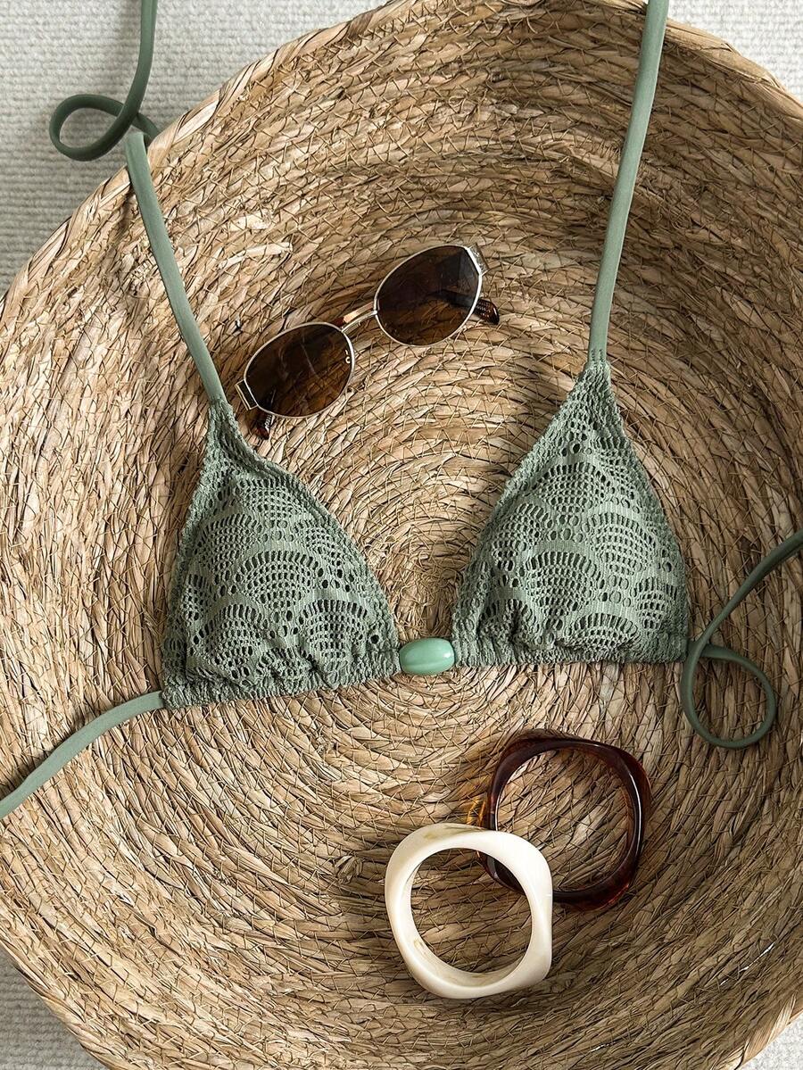 Swim Vcay-D Women's Spring/Summer Jacquard Fabric Beaded Halter Bikini Top - Army Green - View 1