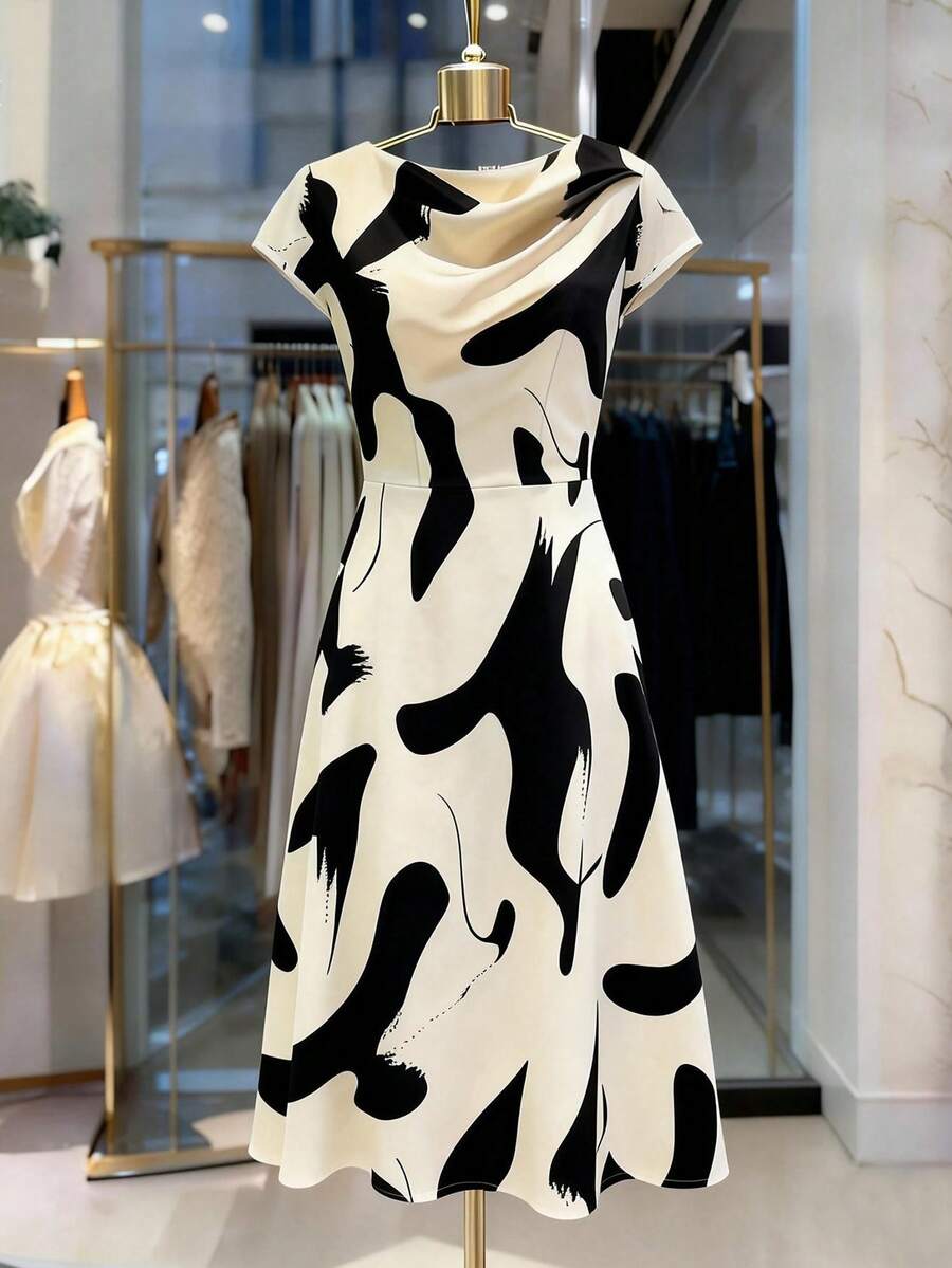 SHEIN Franclia 女士优雅通勤休闲印花褶裥A字裙 - 黑與白 - 查看 1