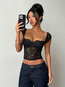 Aloruh Women's Black Lace Patchwork Bustier Camisole,Chic Sleeveless Tight Fitted Corset Top,Elegant Club Party Summer Top For Dates,Music Festival - Black - View 6