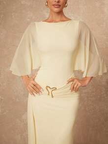 Lumalex 女士优雅性感黄色圆领金属扣装饰荷叶边蝙蝠袖修身连衣裙，春夏款 - 黃色 - 查看 5