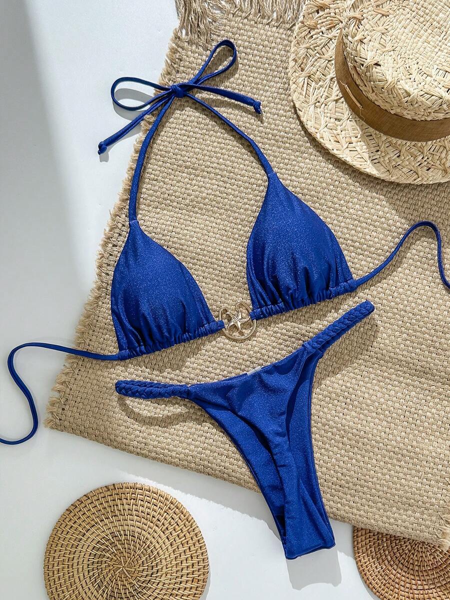 Swim Vcay Bộ bikini hai mảnh màu trơn dành cho nữ, dây mảnh, đính kim loại, kiểu thong, thích hợp cho kỳ nghỉ hè ở bãi biển. - Màu xanh lam - Xem 1