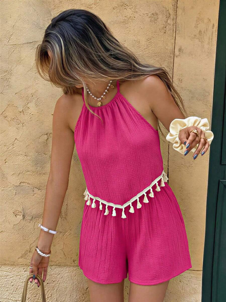 Sparklyn Ensemble 2 pièces pour adolescentes, vacances d'été. Débardeur rouge et short de couleur unie. Convient pour les vacances, les sorties et autres occasions - Rose vif - Voir 1