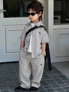 Dazy Kids 男童格子短袖衬衫和裤子套装（夏季款） - 黑與白 - 查看 1