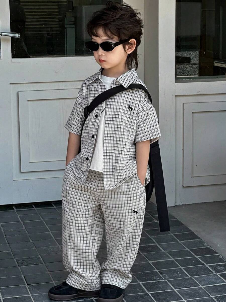 Dazy Kids 男童格子短袖衬衫和裤子套装（夏季款） - 黑與白 - 查看 1
