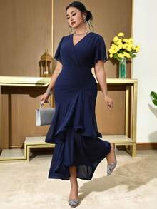 Modelyn Plus Size Women V-Neck Ruffle Patchwork Elegant Waist Cinched Party Dress - Navy Blue - View 3