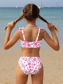 SHEIN 少女碎花比基尼套装，针织面料，蝴蝶结设计，欧美时尚优雅休闲风，适合游泳、度假、夏季、海滩等场合。 - 粉色 - 查看 2