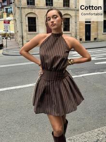 Siren Gaze 女士夏季新款休闲度假风棕色条纹印花露背A字短裙 - 棕色 - 查看 3