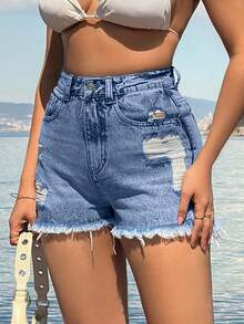 EURMUSE 100%Cotton Back Label Detailed Short With Destroy - Baby Blue - View 7