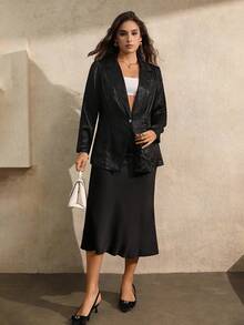 Juhart Áo khoác Blazer tay dài đính đá lấp lánh màu đen sang trọng cỡ lớn dành cho nữ - màu đen - Xem 5