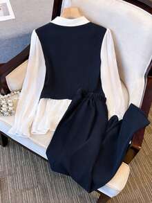 Franclia Women's New Turndown Collar 2 In 1 Shirt + Wide Leg Pants 2 Pieces Set, Suitable For Office Commute Chic Outfit - Navy Blue - View 2