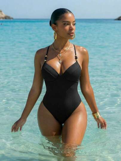 Swim Chiccia 1pc Black Deep V-Neck Soft Cup Sexy One-Piece Swimsuit
