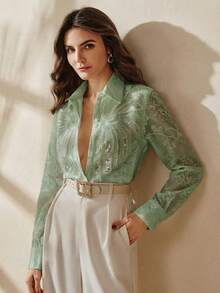 Anewsta 法国奢华串珠亮片刺绣领长袖女式衬衫，修身百搭 - 綠色 - 查看 4