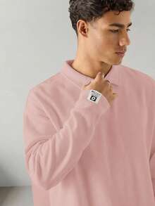 SWAVVY 男士针织休闲日常宽松长袖半开襟 Polo 衫 - 粉色 - 查看 5