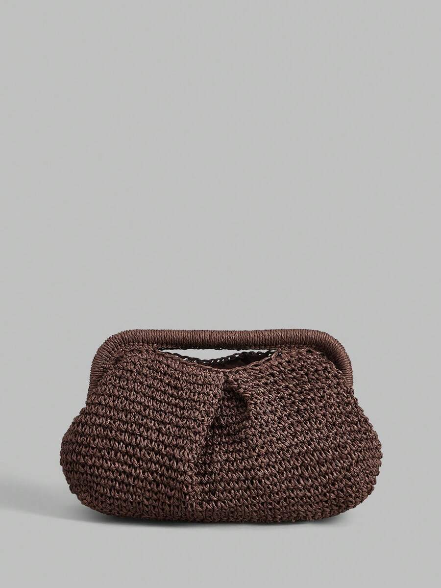 Ontre Stylish Handmade Brown Straw Pleated Cloud Bag Clutch Bag, Suitable For Vacation, Travel - Coffee - View 1