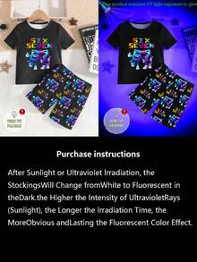 Glowmode 1 set Piyama Lengan Pendek Anak Laki-Laki Motif Angka 67 yang Bercahaya dalam Gelap, Pas di Badan, Kain Nyaman untuk Musim Panas, Cocok untuk Keluarga - Hitam - View 3