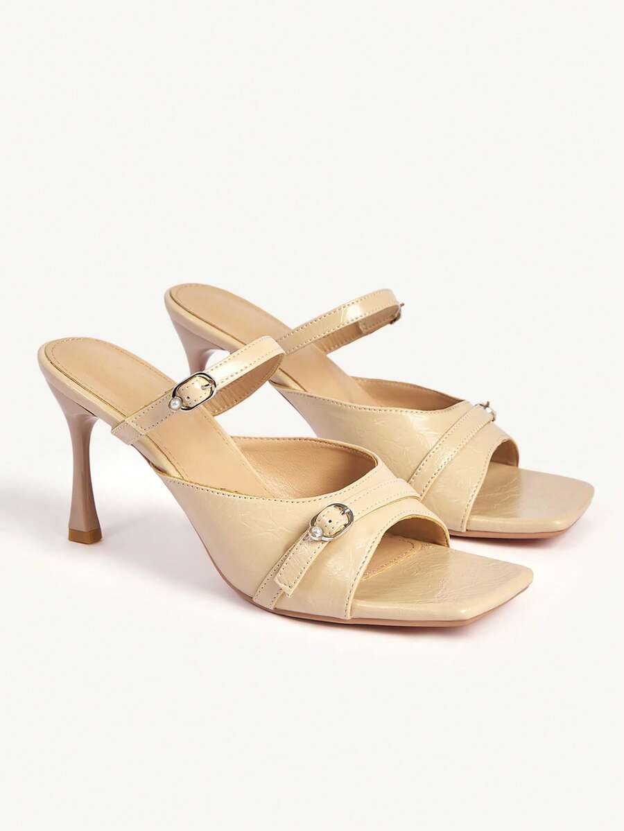 CUCCOO CHICEST 女士秋季杏色方头高跟凉鞋 女士双扣细高跟凉鞋 - 杏色 - 查看 1