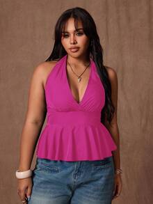Rustia Plus Size Women Summer Casual Backless Halter Neck Top - Watermelon Pink - View 3