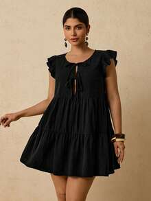 Travachic Plus Size Women Solid Color Front Tie Cap Sleeve Cute Dress - Black - View 8