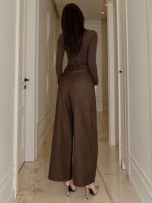 Bris Aura Women Asymmetrical Casual Wide Leg Pants Women's Fashion Office Commuting Versatile High Waist High-End Asymmetrical Wide Leg Suit Pants - Brown - View 2