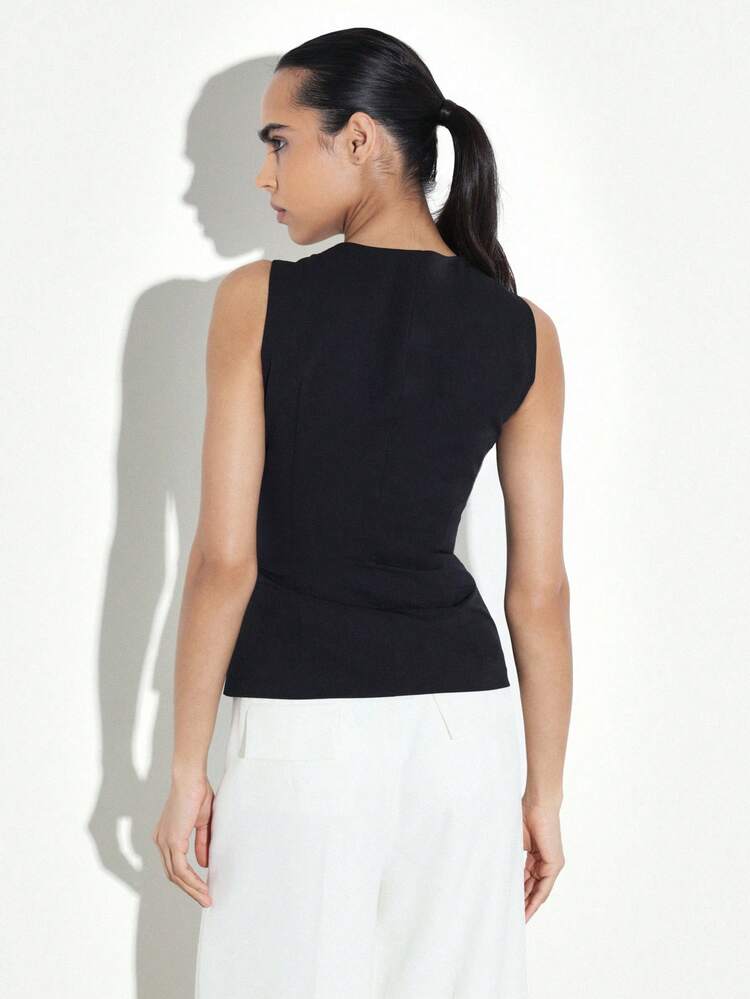 KSTM Women's Black Sleeveless Square Neck Bodycon Tank Top Gathered Fitted Casual Summer Essential