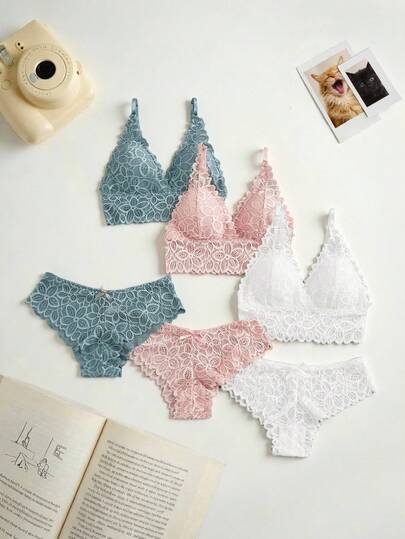 Lowkey Lull 3sets Solid Lace Bra & Panty Lingerie Set