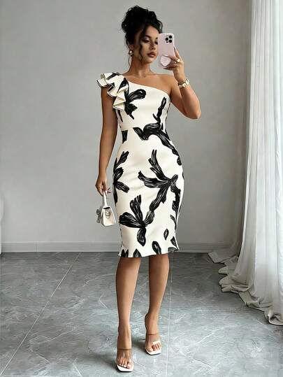 EMERY ROSE Đầm midi ôm dáng tay bồng in hoa dành cho nữ