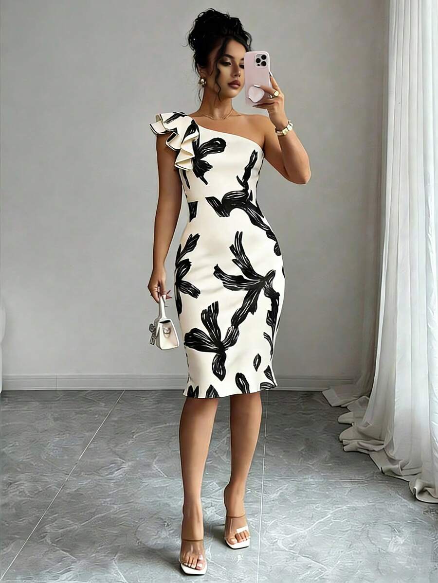 EMERY ROSE 女士碎花荷叶袖修身中长连衣裙 - 彩色 - 查看 1