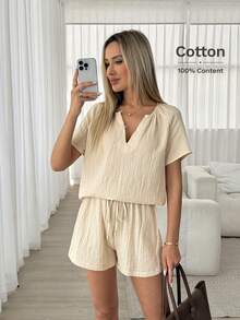 Easowa 夏季休闲纯色衬衫短裤套装 - 杏色 - 查看 5