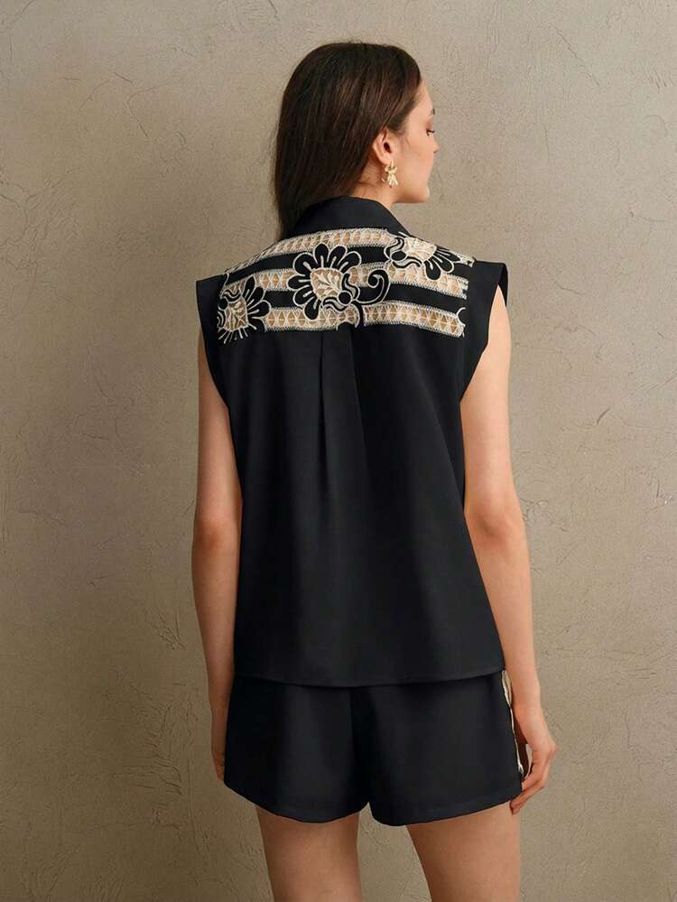 Elegant Hollow Embroidery Sleeveless Top And Shorts Set, Low-Key Luxury Vintage Style