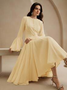 Anewsta Vestido elegante de manga larga con bajo acampanado y puños con botones en las mangas acampanadas - Amarillo claro - Ver 7