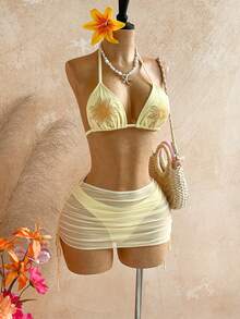 Soleia Women's Summer Vacation Beach Light Yellow Sun Embroidery Halter Bikini 3 Pieces Set - Yellow - View 5