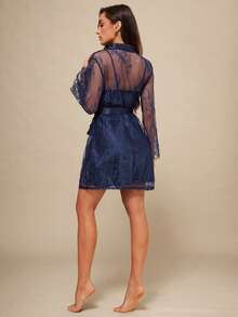 Silquee Women's Lace Long Sleeve Belted Robe And Cami Nightgown Pajama Set, Fall Winter Clothes Elegant Women's Navy Satin Pajama Set With Lace Robe Luxurious Nightwear Sleepwear Women's Sexy Navy Blue Satin Chemise And Lace Robe Two Piece Pajama Set Loungewear Navy Satin Slip Dress With Cowl Neck And Sheer Lace Kimono Robe Women's Lingerie Set Sexy Lace Sleep Spandex Valentine's Day Victoria Secret Sexy Curve Romantic Luxenights  Gowns Sleep  Blue Lingerie Dress Robe Lingerie Set Sexy Night Dress Sexy Coverups Swimwear Sheer Nightgown - Blue - View 2