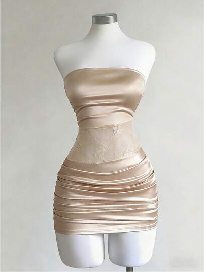 Franclia 女士镂空蕾丝腰部香槟金缎面连衣裙，奢华性感褶皱无肩带修身短款连衣裙