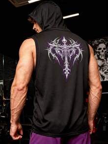 GymBeat Men's Cross & Skull Print Hooded Sports Tank Top - Black - View 1