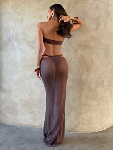 Aloruh Bộ đồ bơi bikini 3 mảnh cho nữ, trang trí kim loại lá bạch quả cổ điển thanh lịch lãng mạn gợi cảm, áo tắm bandeau màu nâu sẫm có dây đeo có thể tháo rời và chân váy dài maxi, đồ bơi bikini che phủ bãi biển - màu nâu - Xem 3