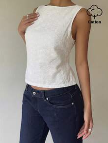 Aloruh 女士花卉刺绣图案后背系带设计时尚百搭休闲上衣 - 白色 - 查看 6