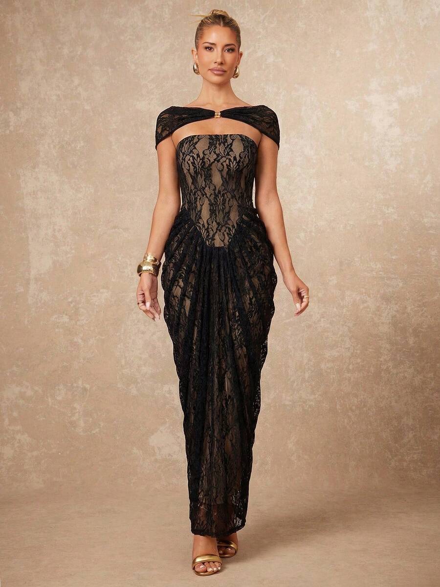 Lumalex 金属装饰胸衣金属网纱垂褶美人鱼下摆女士超长连衣裙 - 黑色 - 查看 1