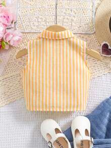 SHEIN Young Girl Woven Striped Cropped Casual Shirt - Yellow - View 2