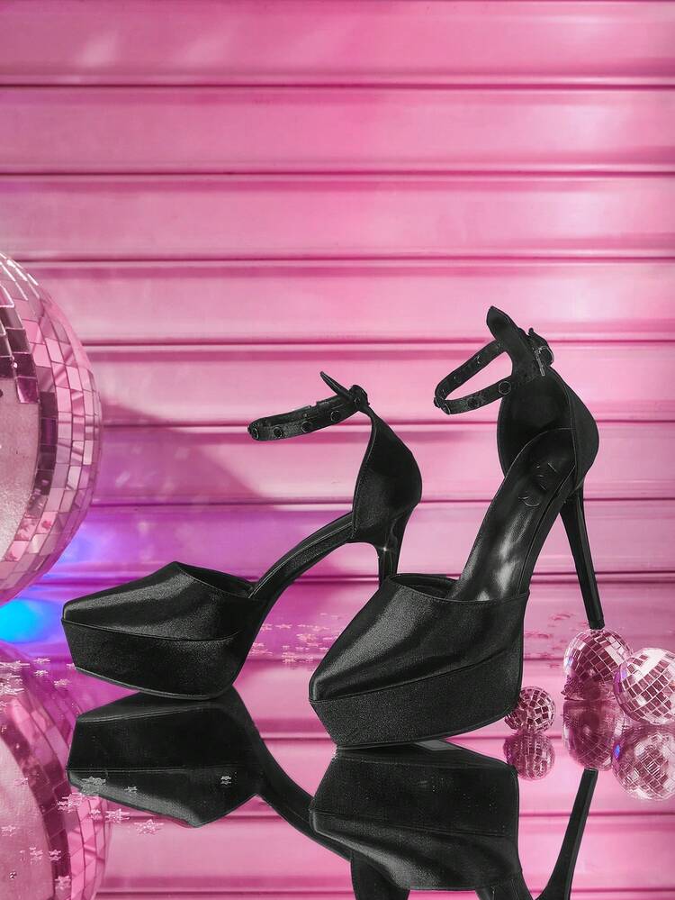 CUCCOO LuxiPop Spring/Summer New Fashion Crystal Embellished Ankle Strap Pointed Toe High Heel Platform Pumps, Elegant Sexy Satin Material Peep Toe Dress Shoes For Party, Date, Afternoon Tea, Valentine's Day, Vacation, Travel, 2000s Style