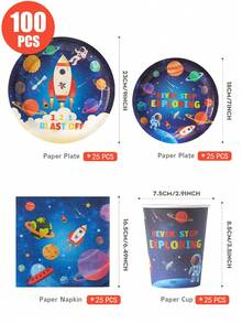 Space Rocket Astronaut Disposable Plates, Napkins, And Paper Cups, Astronaut-Themed Plates, Napkins, And Paper Cups For Party Supplies, Suitable For 25 Guests. Disposable Paper Plates And Party Tableware Suitable For Birthday Parties, Weddings, And Family Picnics - Multicolor - View 2