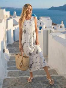 Faunlyn 女士扎染印花休闲圆领无袖连衣裙 - 彩色 - 查看 4